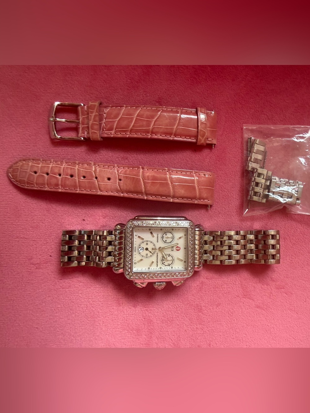 Michele Deco Diamond Watch w/ Pink Alligator Leather Band